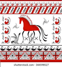 Set with decorative elements of cosmogonic traditional folk art of northern region of Russia. Mezensky red horse. Illustration, vector