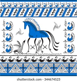 Set with decorative elements of cosmogonic traditional folk art of northern region of Russia. Mezensky blue horse. Illustration, vector