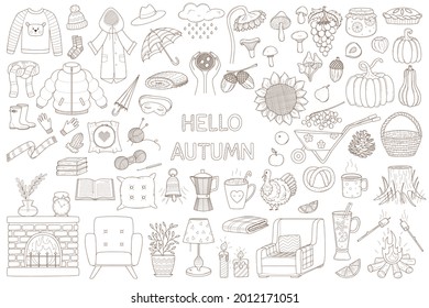 A set of decorative elements. Cozy autumn. Warm clothing, forest, harvest, interior items. Design collection of outline doodles. Black white vector illustration. Isolated on a white background