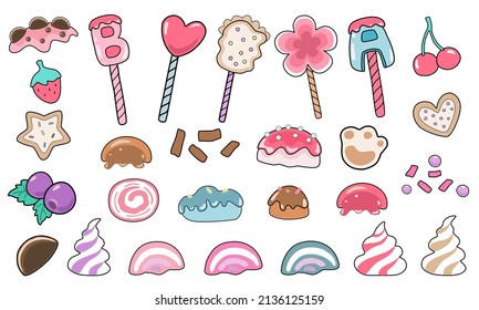 Set of decorative elements  cupcakes and bakery items for kindergarten, nursery, stickers, pillow designs, paper patterns, art for kids, craft, diy, scrapbook, and more.