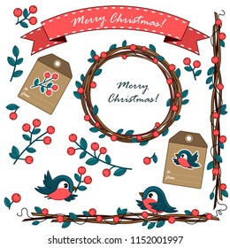 Set of decorative elements for design of cards for Christmas. Wreath, birds with berries, twigs and vintage tags with illustrations.