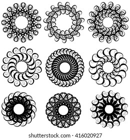 set of decorative elements for design. Decorative circles. Blanks for flowers, snowflakes, sun.Black-and-white circle of the repeating swirls, imitation lace