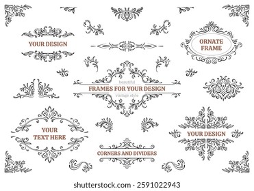Set of decorative elements for design. Hand drawn ornate frames, borders, dividers. Vintage vector collection