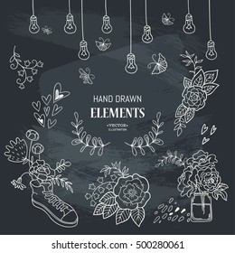 Set of decorative elements for design. Hand drawn contour illustrations on chalkboard background. Floral compositions, snickers with flowers, jar with peonies bouquet and lamps with moths