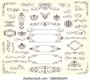 Set of decorative elements for design isolated, editable.Vignettes, ornate,frames, corners,dividers.