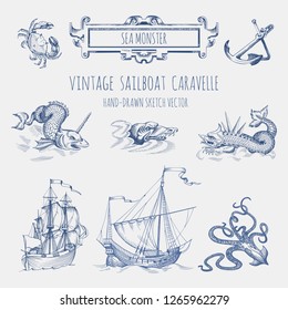 Set of decorative elements for the design of an old geographical map. Ancient caravel, sea monsters, anchor, framework for inscriptions, cartouche.