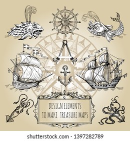 Set of decorative elements for the design of an old geographical map. Ancient caravel, sea monsters, anchor, ship's wheel, compass-meter, wind rose, framework for inscriptions, cartouche.