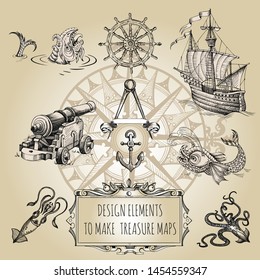 Set of decorative elements for the design of an old geographical map. Ancient caravel, sea monsters, anchor, ship's wheel, compass-meter, wind rose, framework for inscriptions, cartouche.