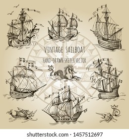 Set of decorative elements for the design of an old geographical map. Ancient caravel, sea monsters,  wind rose .