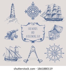 Set of decorative elements for the design of an old geographical map. Ancient caravel, sea monsters, anchor, ship's wheel, compass-meter, wind rose, framework for inscriptions, cartouche