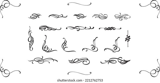 Set of decorative elements. Dividers. Calligraphic swirl ornament, line style flourishes set. Filigree ornamental curls. Decorative design elements for menu, certificate. Vector illustration.