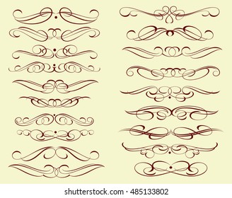 Set of decorative elements. Dividers.Vector illustration.For calligraphy graphic design, postcard, menu, wedding invitation, romantic style.Brown.