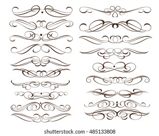 Set of decorative elements. Dividers.Vector illustration.For calligraphy graphic design, postcard, menu, wedding invitation, romantic style.Brown  white.