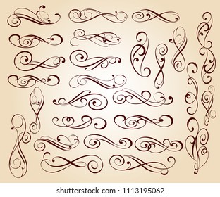 Set of decorative elements. Dividers.Vector illustration.Well built for easy editing.For calligraphy graphic design, postcard, menu, wedding invitation, romantic style.