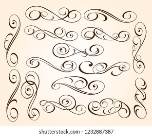 Set of decorative elements. Dividers.Vector illustration.Well built for easy editing.For calligraphy graphic design, postcard, menu, wedding invitation, romantic style.