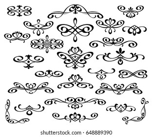 Set of decorative elements. Dividers.Vector illustration.Well built for easy editing.For calligraphy graphic design, postcard, menu, wedding invitation, romantic style.Black on white.