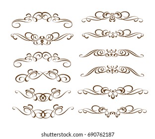 Set of decorative elements. Dividers.Vector illustration.Well built for easy editing.For calligraphy graphic design, postcard, menu, wedding invitation, romantic style. Brown on white.