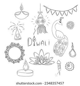 Set of Decorative Elements for Diwali Holiday in Doodle Style