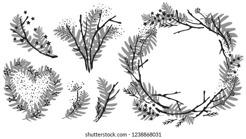 Set of decorative elements from dry branches, leaves, flowers.