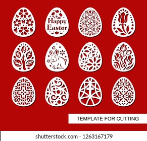 Set of decorative elements - Easter Eggs with flowers and patterns. Template for laser cutting, wood carving, paper cut and printing. Vector illustration.