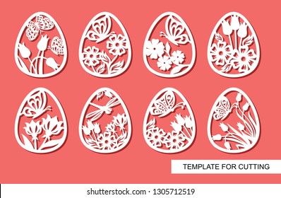 Set of decorative elements - Easter Eggs with floral ornament and butterflies. White objects on pink background. Template for laser cutting, wood carving, paper cut and printing. Vector illustration.