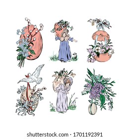 Set of decorative elements for easter. Painted eggs, lily flowers, willow branches, flying dove. Girl in the style of the nineteenth turn of the twentieth century. Hand drawn clip art. All isolated.