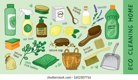 Set of decorative elements for ecological house. Home cleaning service with nature friendly substances. Green house. Natural non-toxic items for posters and promotional materials. Vector illustration.