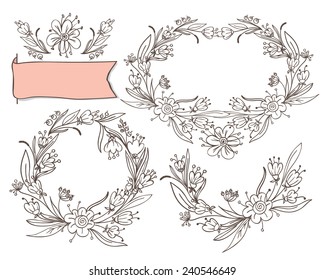 set of decorative elements. floral wreaths in the shape of a circle and heart