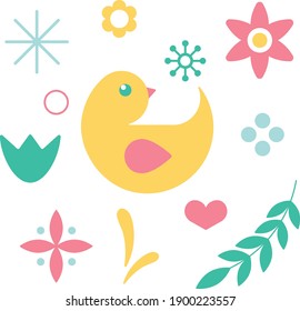 set of decorative elements, flower, duck, leaves on a white background. Green, blue, yellow, red color.