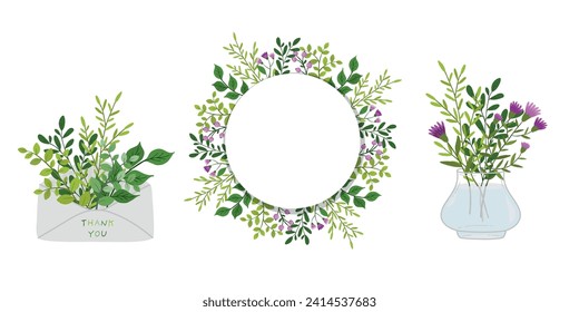 Un conjunto de elementos decorativos con flores. Bouquet en un jarrón, marco y sobre aislado en un fondo blanco.