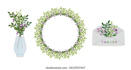 A set of decorative elements with flowers. Bouquet in a vase, frame and envelope isolated on a white background.