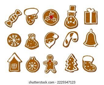 A set of decorative elements in the form of gingerbread of different shapes. Christmas gingerbread. For decorating postcards and posters.