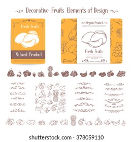 Set of decorative elements of fruits  and swirl dividers for design. Hand drawn vegetables vector icons.