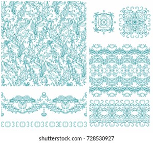 Set of decorative elements - garland, ribbons, patterns on white background