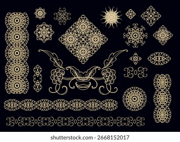 Conjunto de elementos decorativos, vinhetas douradas, ornamentos de borda, decoração floral