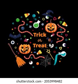 Set of decorative elements for Halloween celebrations and text saying Trick or treat. Holiday Accessories. Flat seasonal vector illustration for poster, etc.