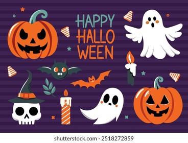 Conjunto de Elementos decorativos para Halloween. Fantasmas lindos, calabazas aterradoras, murciélagos, flores, cráneos, inscripciones. Para invitaciones, carteles, tarjetas, redes sociales, Anuncios.