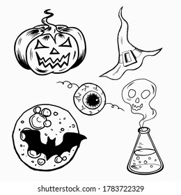 Set of decorative elements for halloween design postcards invitations poster. Pumpkin bat eyeball magic hat bubble with poison hand drawn black sketch. Stock vector illustration isolated on white.