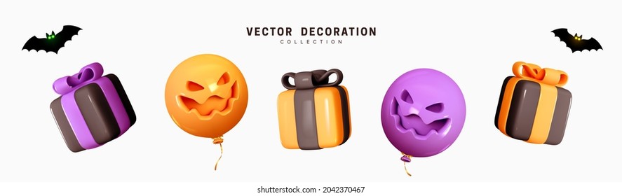 Set of decorative elements for Halloween. Emotional Smile Balloons with scary, evil on their faces. Realistic 3d design gift box. Traditional element of decor for holiday. Vector illustration