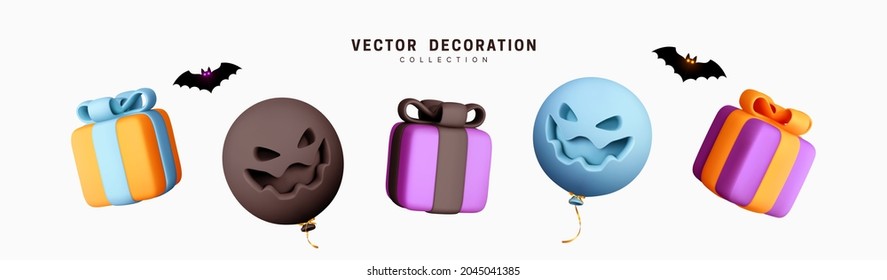 Set of decorative elements for Halloween. Emotional Smile Balloons with scary, evil on their faces. Realistic 3d design gift box. Traditional element of decor for holiday. Vector illustration