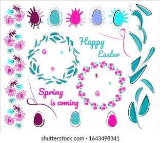 Set of decorative elements for Happy Easter. Wreaths of flowers and leaves, bouquets, ribbons, painted eggs, text. Vector illustration for design of spring holiday cards.