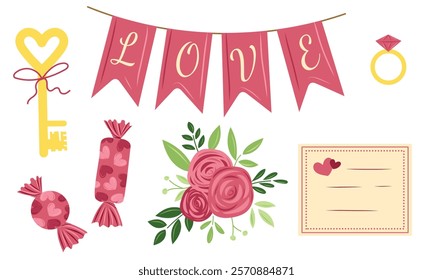 Set of decorative elements for the happy Valentines day celebration. Hand drawn vector illustration in vintage flat style. Rose flowers, love letter, engagement ring, chocolate candies, love key