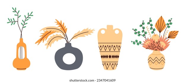 Set of decorative elements for interior design. Stylish decorative items for home decoration. Vases to decorate room.