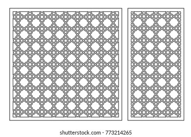 Set decorative elements for laser cutting. Geometric ornament pattern. Pattern quadrate lines. The ratio 1:2, 1:1. Vector illustration.
