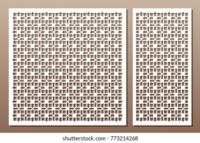 Set decorative elements for laser cutting. Geometric ornament pattern. Pattern quadrate lines. The ratio 1:2, 1:1. Vector illustration.