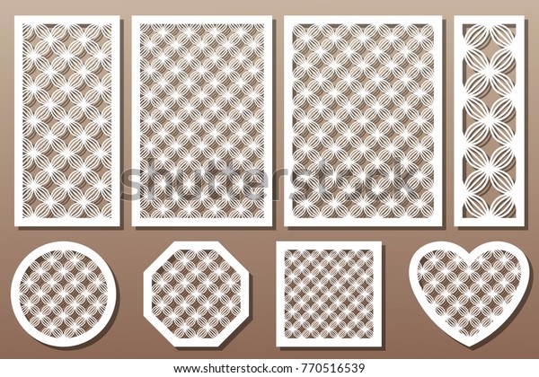 Set decorative\
elements for laser cutting. Geometric ornament pattern. Pattern\
wave lines. The ratio 1:2, 2:3, 3:4, 1:3, round, octagon, square,\
heart.Vector illustration.