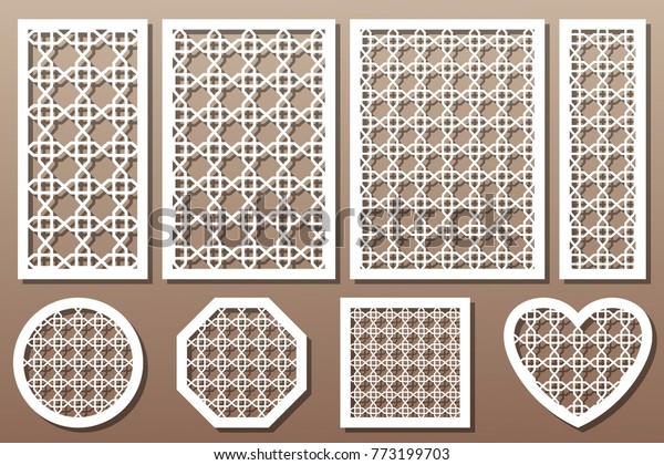 Set decorative\
elements for laser cutting. Geometric ornament pattern. Line\
template. The ratio 1:2, 2:3, 3:4, 1:3, round, octagon, square,\
heart.Vector illustration.