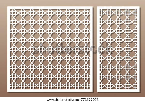 Set decorative elements for laser cutting.\
Geometric ornament pattern. Pattern quadrate lines. The ratio 1:2,\
1:1. Vector illustration.