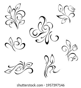 set of decorative elements with leaves and curls in black lines on a white background. SET