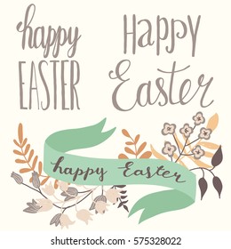 Set of decorative elements, lettering, flowers ans ribbon Happy Easter